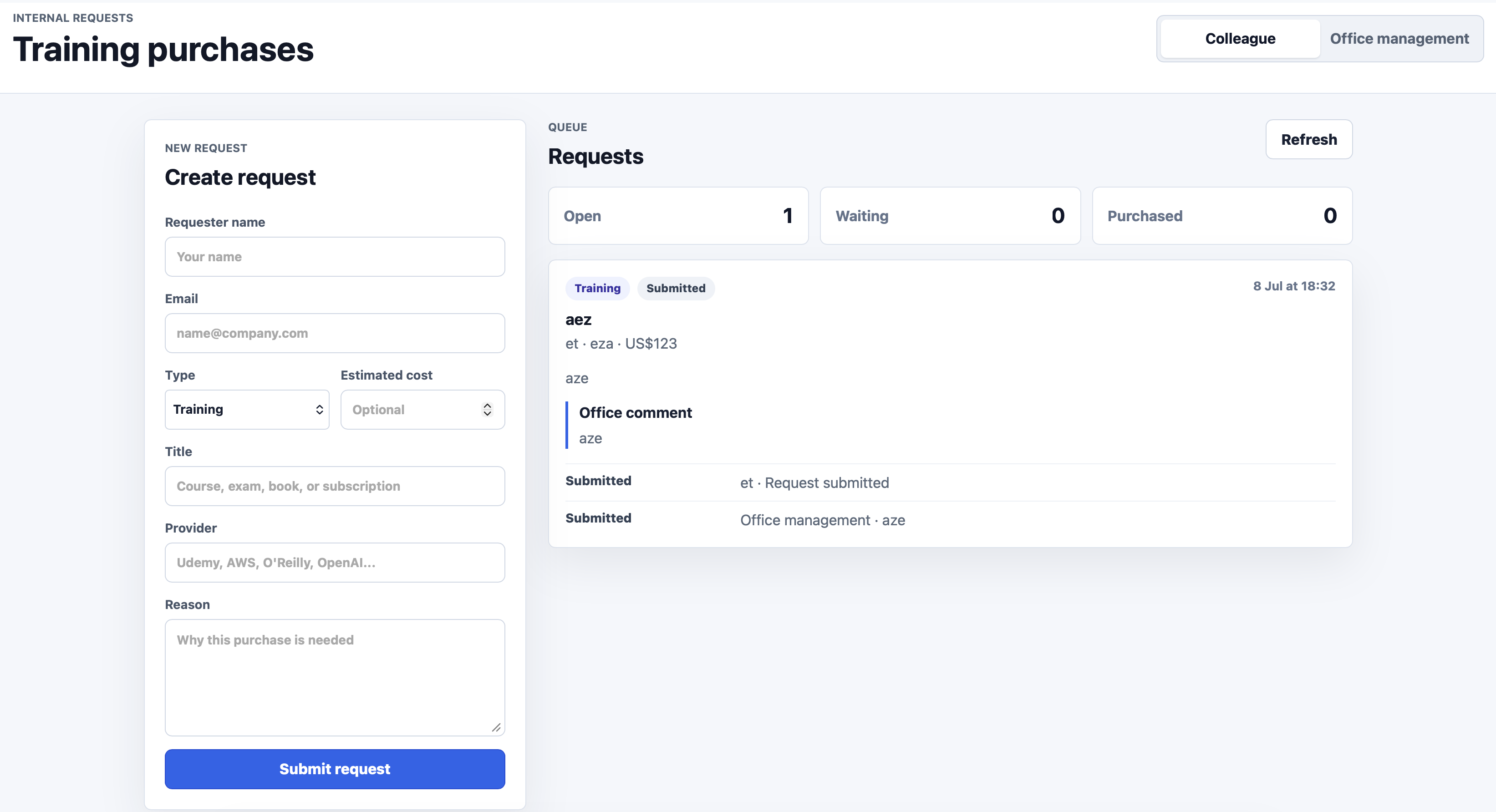 The vibe-coded prototype put the colleague form, request list, counters, and role switcher into one generic screen.